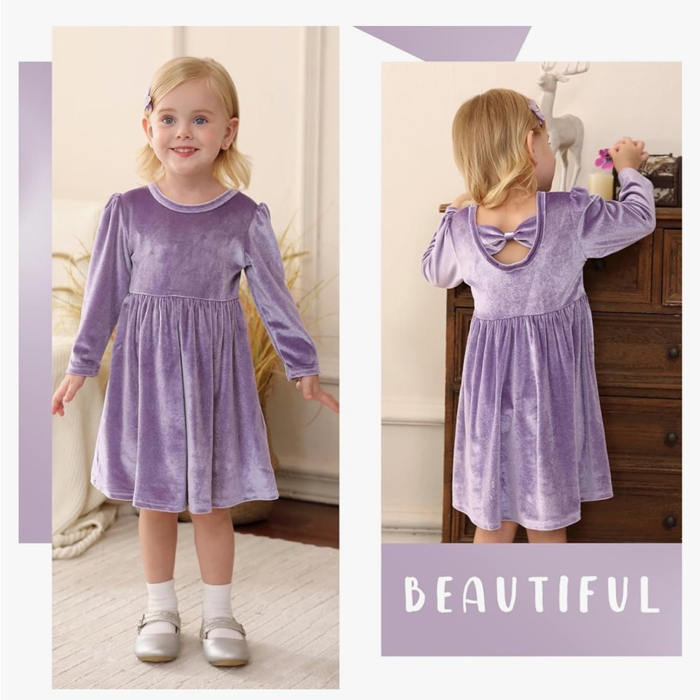 Girl’s Long Sleeve Velvet Dress in Purple - Picture 3 of 13